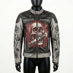 Mens <b>Vintage</b> Distressed Leather Motorcycle <b>Jacket</b> Graphic Skull Roses Racing Biker Cafe <b>Racer</b> Coat Outerwear Custom Wholesale - Product Image 1