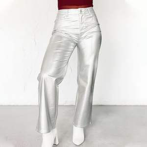 Pantalon droit respirant en cuir métallisé argenté personnalisé pour femme, taille mi-haute, style streetwear, idéal pour l'hiver - Product Image 5