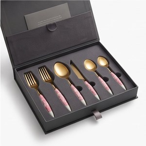 Ensemble de couverts Glam Pink Marble Handle en acier inoxydable doré, résistant au lave-vaisselle, collection de vaisselle de mariage - Product Image 6