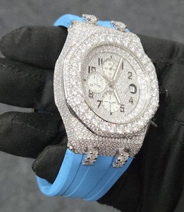 Montres en quartz personnalisées, luxe, cadran serti de diamants, chronographe analogique, montre unisexe, bracelet en caoutchouc bleu - Product Image 3