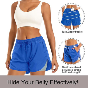 Royal Blue 2 In 1 Women Gym Shorts Polyester Double Layer Running Shorts With <b>Phone</b> Pocket High Waist Breathable Bottoms - Product Image 4