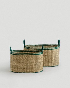 Juego de 2 cestas ovaladas de seagrass verde Kori, hechas a mano, para almacenamiento, venta al por mayor, ecológicas, hechas en Vietnam. - Product Image 1
