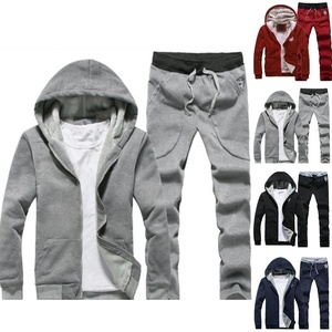 Wholesale Stock Men's Winter Fur Hood Warm Track Suit With Drawstring Sweatpants Full Front Zip Hooded Thick Sweat Suit Slim Fit - Product Image 3