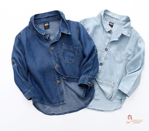 เสื้อเชิ้ตยีนส์ลำลองสำหรับเด็กผู้ชาย แขนยาว สีพื้น ปกคอพับ มีกระเป๋า ผ้าฝ้ายฟอก ทรงปกติ - Product Image 1