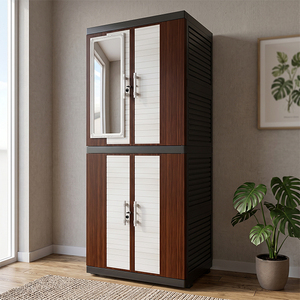 Naiba Portable Plastic Wardrobe Storage Cabinet 4 Shelves Wood Design Flat <b>Panel</b> Doors with Mirror for Space Saving Storage - Product Image 1