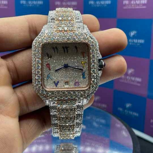 Montre automatique de luxe bicolore entièrement sertie de moissanite, boîtier carré en acier inoxydable, cadran arc-en-ciel étanche en saphir - Product Image 4