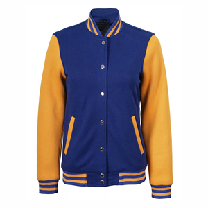 Chaqueta Varsity para Mujer en Azul y Mostaza, Moderna y a la Moda, de Manga Larga, Cuello Alto, en Tela de Algodón y Lana - Product Image 5