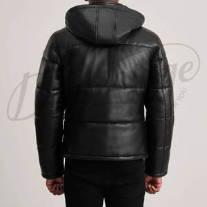 Veste d'hiver matelassée en cuir noir pour homme, avec capuche, en similicuir rembourré, parka chaude pour homme - Product Image 2