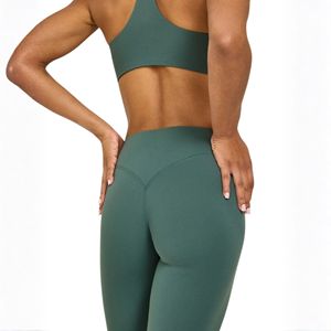 Leggings de yoga pour femmes, taille mi-haute, couleur unie, dos en V, sans couture avant, effet push-up fessier, pour le contrôle du ventre, collants d'entraînement - Product Image 6