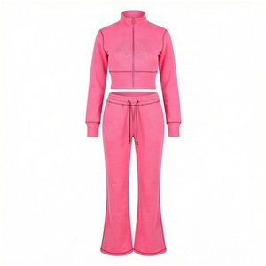 Women <b>Pink</b> Full Sleeve Tracksuit Set Solid Color Zipper Front Casual Jogger Pants and <b>Crop</b> Jacket Spring Wear - Product Image 1