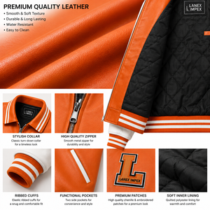 Custom Orange <b>White</b> Leather Varsity <b>Jacket</b> for <b>Men</b> Premium Letterman Bomber <b>Jacket</b> with Chenille Embroidered Patches OEM Service - Product Image 5