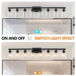 Lampada da Bagno Moderna in Ferro da 51 Pollici, Nera, 8 Luci, Applique da Parete con Paralumi in Vetro Trasparente per Specchio - Product Image 6