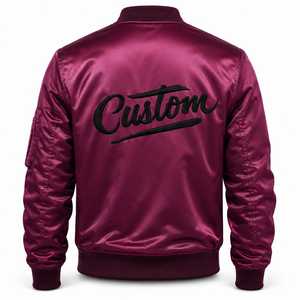 Custom <b>Men's</b> Burgundy Satin Stand Bomber Jacket Embroidered Front Logo <b>Pullover</b> Closure Casual Windproof Winter Streetwear - Product Image 4
