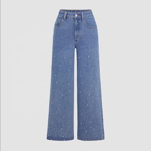 High Waist Wide Leg Denim <b>Pants</b> Medium Wash Blue Sequined Dot Pattern Loose Fit Full Length Cotton Casual Style Button Fly - Product Image 1