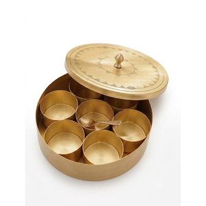 Round Brass Spice <b>Box</b> With Engraved Lid & Spoon Handcrafted 7 Compartment Indian Masala Dabba Container For Luxury Kitchenware - Product Image 1