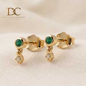 14KT Solid Yellow Gold IGI Certified Lab Grown Diamond and Colombian <b>Emerald</b> <b>Stud</b> Teardrop <b>Earring</b> Brilliant Cut Women Jewelry - Product Image 4