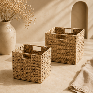 Natural Rattan Storage <b>Baskets</b> <b>Square</b> With Handles Rustic Multi Purpose Organization <b>Basket</b> Closet Shelf Living Room Decor - Product Image 1