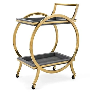 Chariot de bar moderne de luxe plaqué or à double niveau avec plateaux blancs, design rond, pour le rangement des boissons dans le salon - Product Image 3