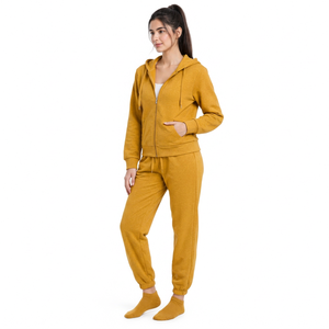 Women's Mustard <b>Yellow</b> Acid Wash Heavyweight Solid Zip <b>Hoodie</b> Jogger Pants Streetwear Tracksuit Set Long Sleeve Sweatshirt - Product Image 4