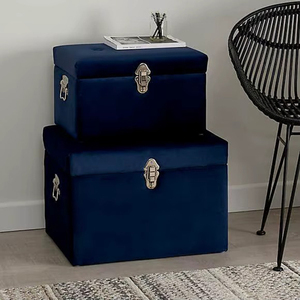 Navy Blue Velvet <b>Trunk</b> Set Of 2 Features Gleaming Gold Hardware And Side Handles For Luxurious, Elegant Home <b>Storage</b> Decoration - Product Image 3
