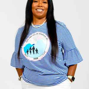 T-shirt à manches cloche rayé bleu pour femme Jack and Jill, col rond, imprimé graphique, haut tendance, vente en gros OEM en vrac - Product Image 5