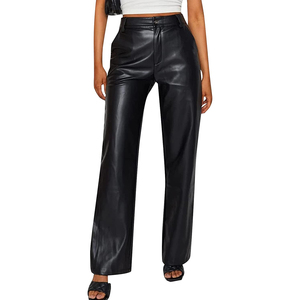 Pantalones de Cuero para Mujer, Color Sólido, Cintura Alta, Pierna Recta, Estilo Vintage de los 90, Pantalones de Calle con Bolsillos - Product Image 1