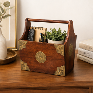 Indirae Artistry Handcrafted Traditional Wooden Magazine Holder Multifunction Decorative Book Newspaper Storage <b>Rack</b> Metal - Product Image 6