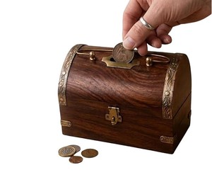 Handcrafted Sheesham Wood Treasure <b>Chest</b> Box Coin Slot Lock Clip Vintage Money Saving Box Rustic Jewelry Cash Coin <b>Storage</b> High - Product Image 3