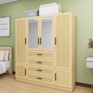 Armario de madera de 3 puertas con estantes de ratán, cajones, barra colgante, armario con espejos para muebles de dormitorio - Product Image 2