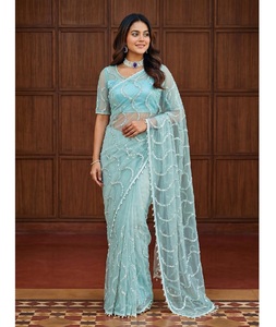 Indian Modern Style <b>Net</b> Material Saree with Bidds Handwork Embroidered Saree for Festival and Wedding Wear Collections for Women - Product Image 1