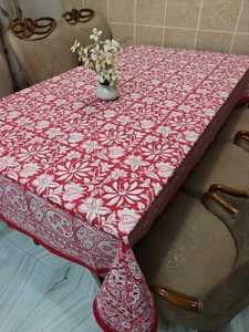 Hand Block Printed Table Cloth Rectangular Cotton Cloth Teal & Soft Pink Floral Hand-block Printed Cotton <b>Tablecloth</b> For Home's - Product Image 2