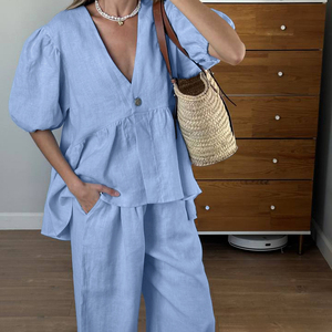 Blusa de Manga Corta con Botones Ocultos y Pantalones con Cintura Elástica, Conjunto de 2 Piezas de Ropa de Algodón para Mujer, Verano 2026 - Product Image 2
