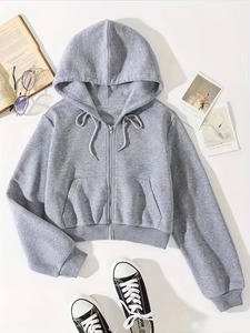 Haut court tendance pour femme, à capuche zippé, couleur unie, manches longues, en coton tricoté, pour l'automne, en molleton - Product Image 1