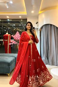 <b>Red</b> Embroidered Floor-Length Anarkali Suit Women Traditional Indian Pakistani Wedding Wear Loose Fit Polyester Dress - Product Image 3