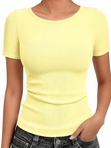 Women's Brown Ribbed O-<b>Neck</b> Short Sleeve Knitted Top Casual Solid Color T-Shirt - Product Image 3