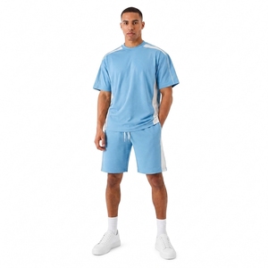 <b>Men's</b> Light Blue Color Blocking Crew Neck T-Shirt <b>Set</b> Casual Summer Wear Breathable Knitted Polyester Cotton <b>Shorts</b> <b>and</b> <b>Top</b> - Product Image 1