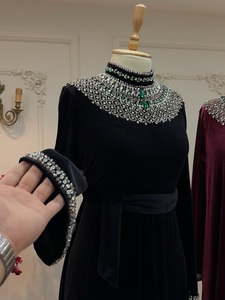Elegant Blue Velvet Abaya With Rhinestone Collar And Sleeve Detail For Evening Party Wear Women Floor Length Long - Product Image 3