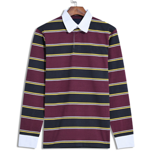 Men's Long Sleeve <b>Striped</b> Knitted <b>Polo</b> <b>Shirt</b> Casual Design White Collar Maroon Navy Yellow Stripes - Product Image 1