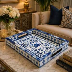 Handcrafted <b>round</b> blue bone inlay <b>tray</b> featuring intricate white floral leaf motifs, available at wholesale prices. - Product Image 4