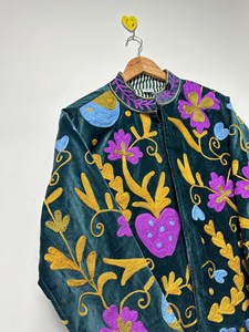 Chaqueta Bohemia de Terciopelo Verde Azulado con Bordado Floral, Cuello Alto, Manga Larga, Ropa de Abrigo Otoñal para Mujer - Product Image 2