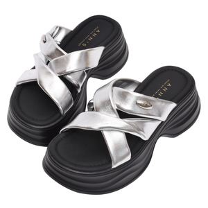 Ann'S Silver Platform <b>Heeled</b> Sandals Open Toe Chunky Sole Slip-On Mules Summer Fashion Shoes - Product Image 1
