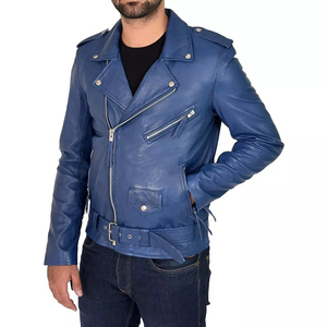 Veste en cuir de vachette bleue pour homme, coupe ajustée, fermeture éclair, col rabattu, streetwear d'automne - Product Image 4