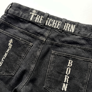 Jeans Flare Pants Embroidery Back Belt Pockets Vintage Winter Streetwear Solid High OZ Fabric Washed Pre-Shrink - Product Image 2
