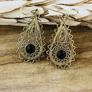 Statement Design Trendy Teardrop Dangle <b>Earrings</b> Boho Brass Jewelry Women Antique Brass Finish Tribal <b>Black</b> <b>Onyx</b> Wholesale/OEM - Product Image 6