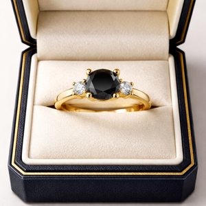 Anillo de Diamantes Negros y Blancos Redondos Reales |   Anillo de Oro con Tres Piedras, Elegante para Uso Diario, Joyería Fina, Regalo para Mujer, Estilo Clásico - Product Image 3