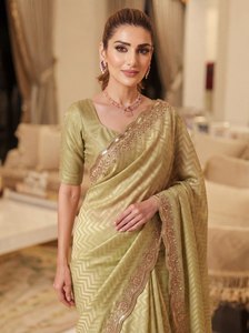 Elegant Olive <b>Green</b> <b>Silk</b> Saree With Embroidered Border Wedding Formal Wear For Women India Pakistan Style - Product Image 6