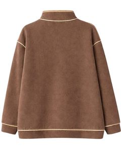 Sweat-shirt épais marron chocolat pour femme, coupe oversize, en polaire, avec col à boutons-pression, poche kangourou et passepoil contrastant - Product Image 2