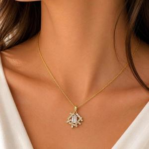 Radiant Cut Diamond Geometric <b>Pendant</b> with Round & Emerald Cut Bar Accents <b>Solid</b> <b>Gold</b> Modern Statement Necklace Gift For Her - Product Image 3