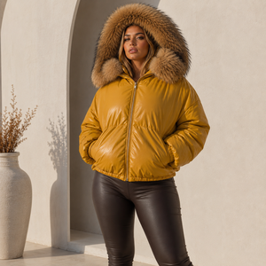 Veste matelassée en cuir véritable pour femme, avec garniture en fourrure de renard, motif écossais, coupe-vent, vêtements d'extérieur d'hiver - Manteaux de luxe en cuir de mouton S-XXL - Product Image 4