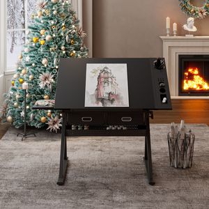 Tavolo da Disegno e Progettazione Regolabile Nero con 2 Cassetti per Casa, Ufficio e Scuola, Include Sgabello - Product Image 3